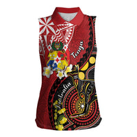 Tonga Ngatu And Australia Aboriginal Women Sleeveless Polo Shirt Tongan Dove And Kangaroo Together LT05 Female Red - Polynesian Pride
