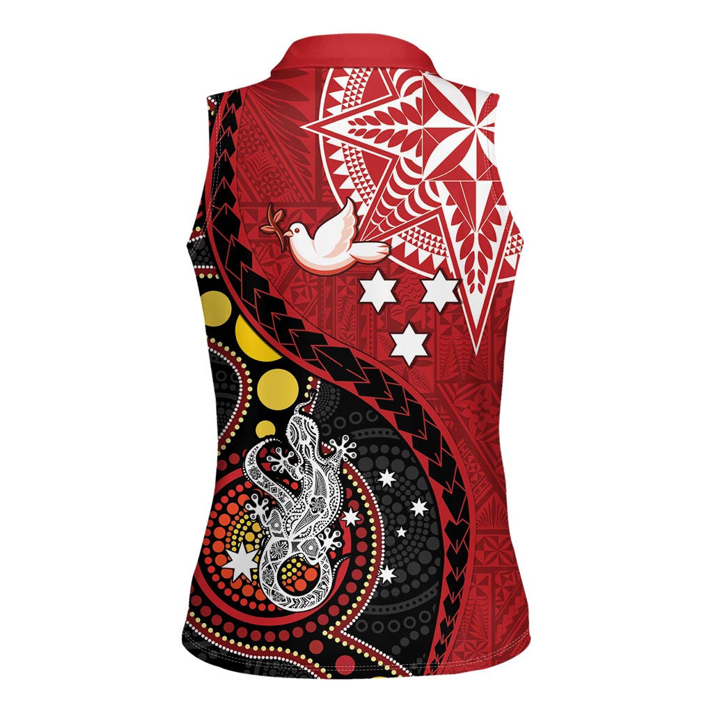Tonga Ngatu And Australia Aboriginal Women Sleeveless Polo Shirt Tongan Dove And Kangaroo Together LT05 - Polynesian Pride