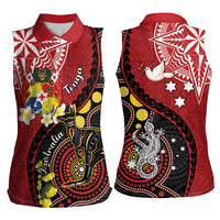 Tonga Ngatu And Australia Aboriginal Women Sleeveless Polo Shirt Tongan Dove And Kangaroo Together LT05 - Polynesian Pride