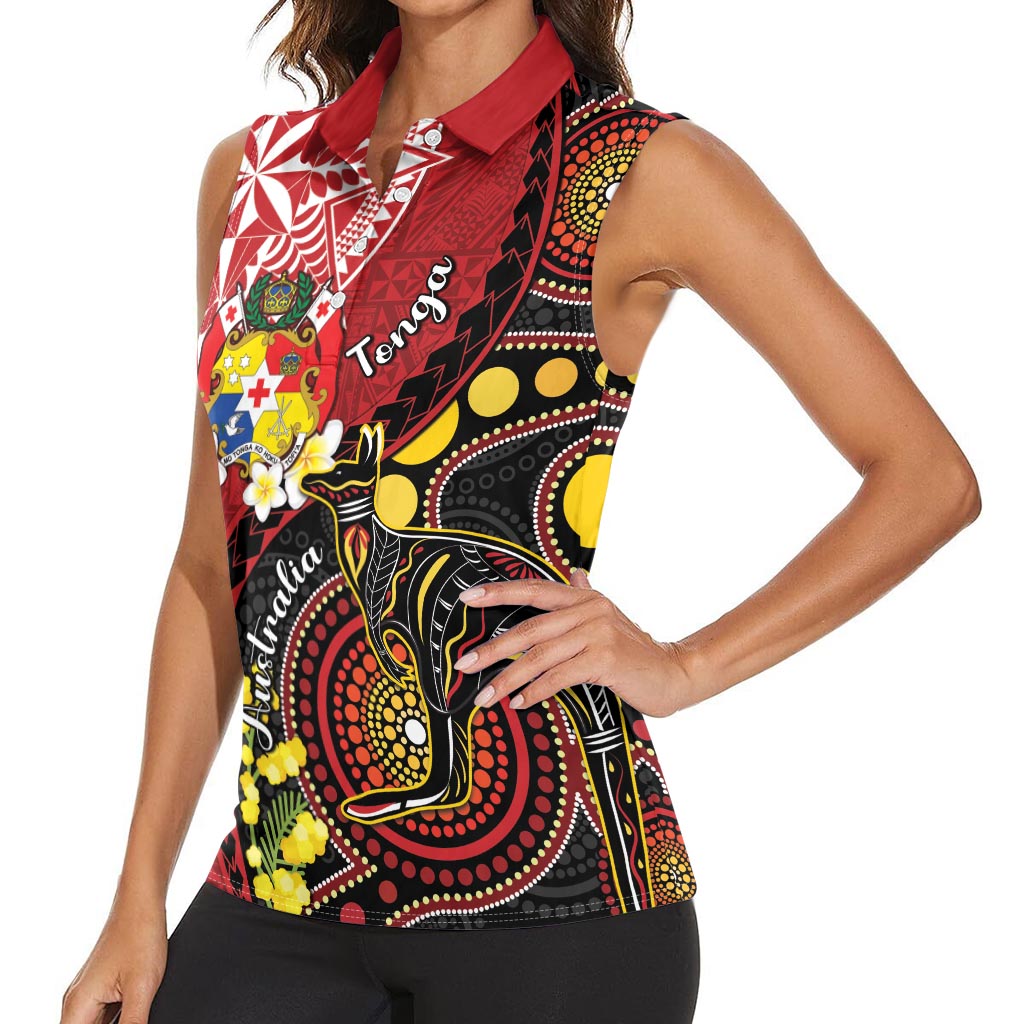 Tonga Ngatu And Australia Aboriginal Women Sleeveless Polo Shirt Tongan Dove And Kangaroo Together LT05 - Polynesian Pride