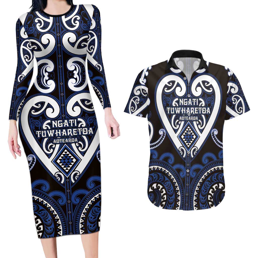 Custom Aotearoa Ngati Tuwharetoa Couples Matching Long Sleeve Bodycon Dress and Hawaiian Shirt Maori Tribal Pattern