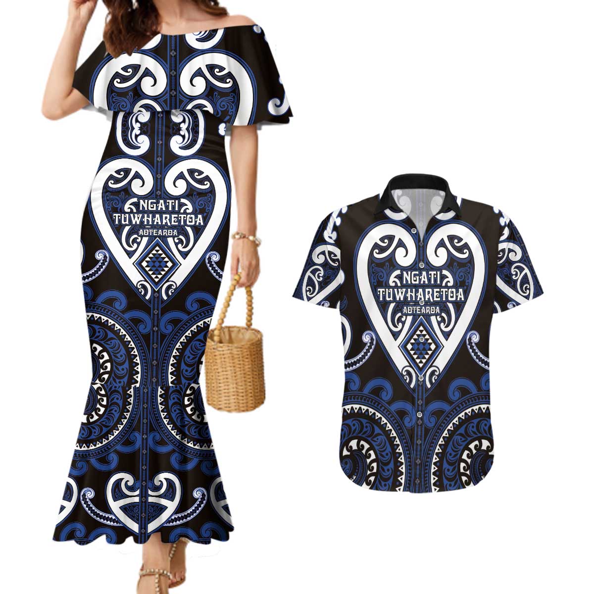 Custom Aotearoa Ngati Tuwharetoa Couples Matching Mermaid Dress and Hawaiian Shirt Maori Tribal Pattern