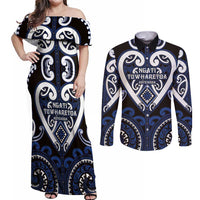 Custom Aotearoa Ngati Tuwharetoa Couples Matching Off Shoulder Maxi Dress and Long Sleeve Button Shirt Maori Tribal Pattern