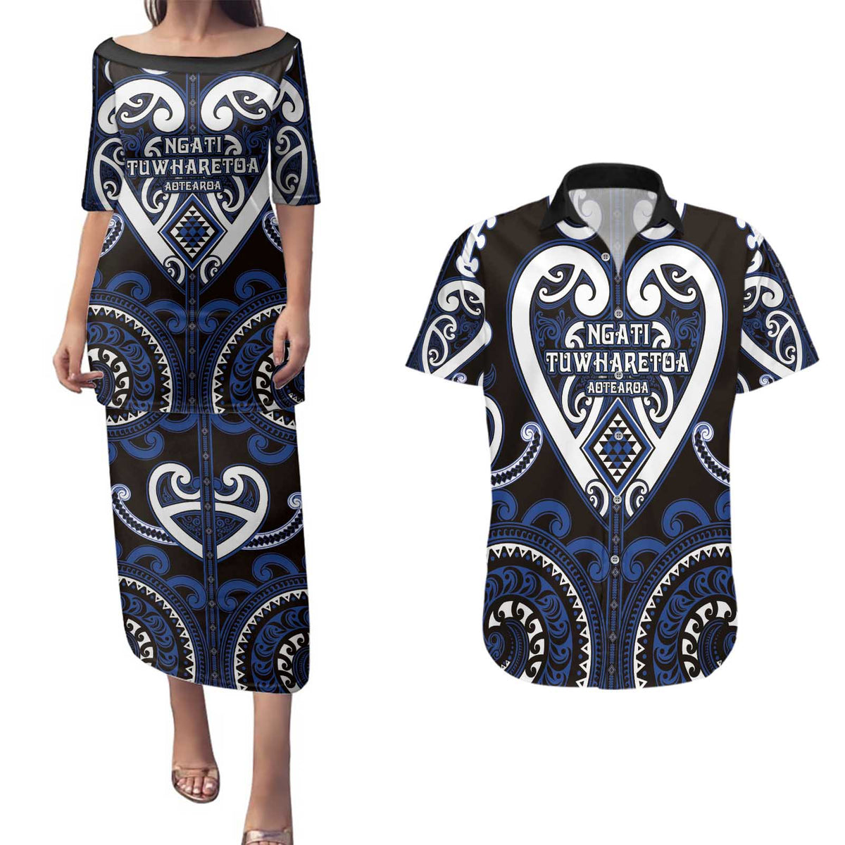 Custom Aotearoa Ngati Tuwharetoa Couples Matching Puletasi and Hawaiian Shirt Maori Tribal Pattern
