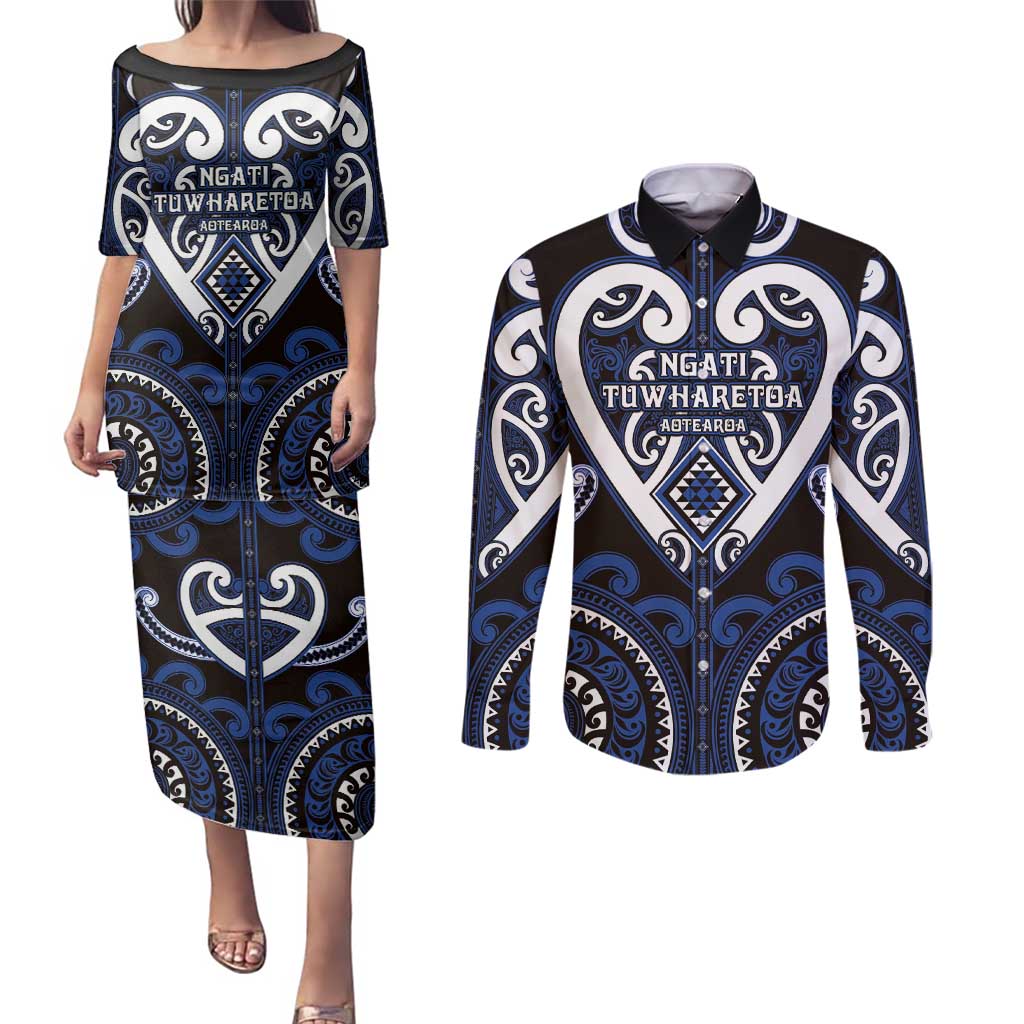 Custom Aotearoa Ngati Tuwharetoa Couples Matching Puletasi and Long Sleeve Button Shirt Maori Tribal Pattern