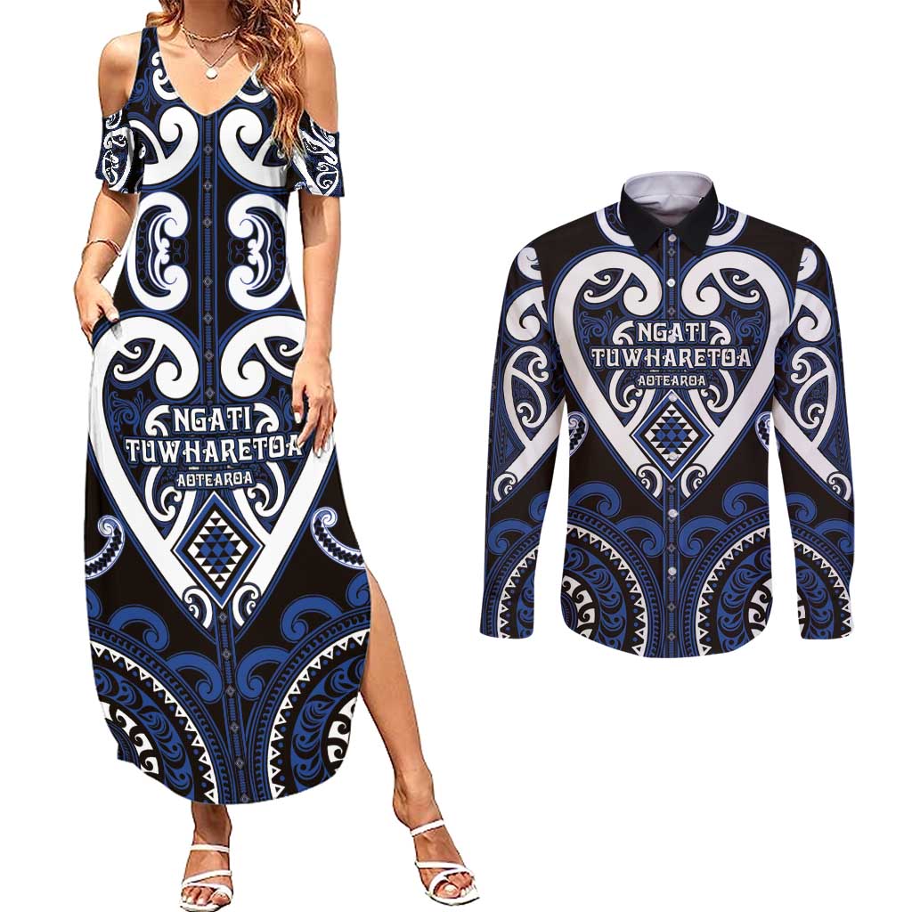 Custom Aotearoa Ngati Tuwharetoa Couples Matching Summer Maxi Dress and Long Sleeve Button Shirt Maori Tribal Pattern
