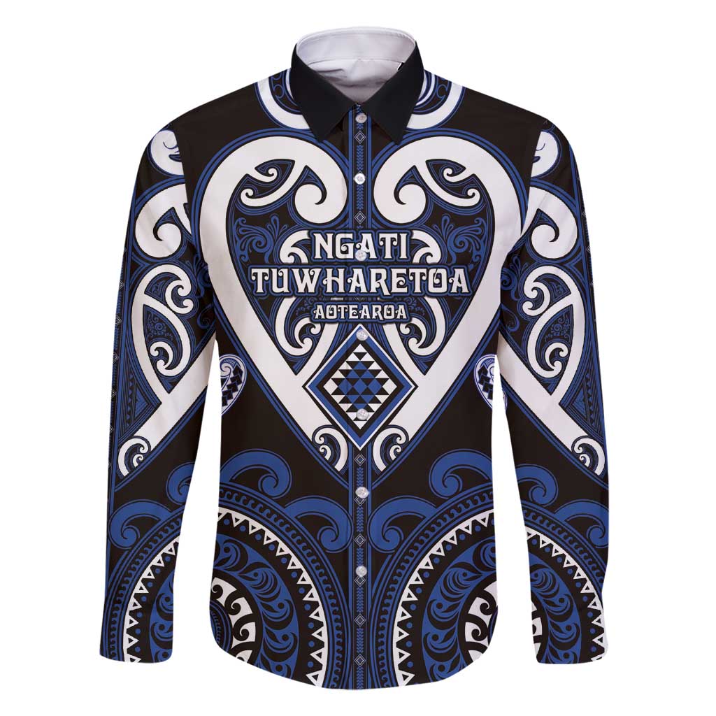 Custom Aotearoa Ngati Tuwharetoa Family Matching Off Shoulder Short Dress and Hawaiian Shirt Maori Tribal Pattern LT05 Dad's Shirt - Long Sleeve Navy - Polynesian Pride