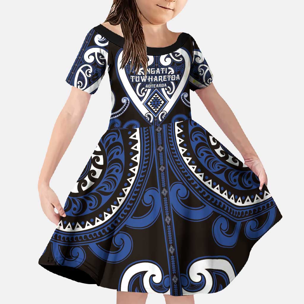 Custom Aotearoa Ngati Tuwharetoa Family Matching Summer Maxi Dress and Hawaiian Shirt Maori Tribal Pattern LT05 Daughter's Dress Navy - Polynesian Pride