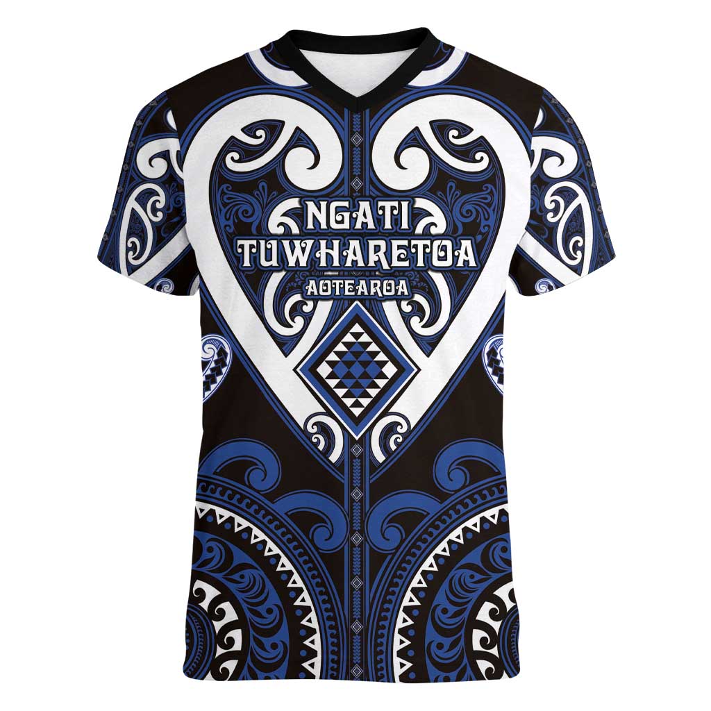 Custom Aotearoa Ngati Tuwharetoa Women V-Neck T-Shirt Maori Tribal Pattern