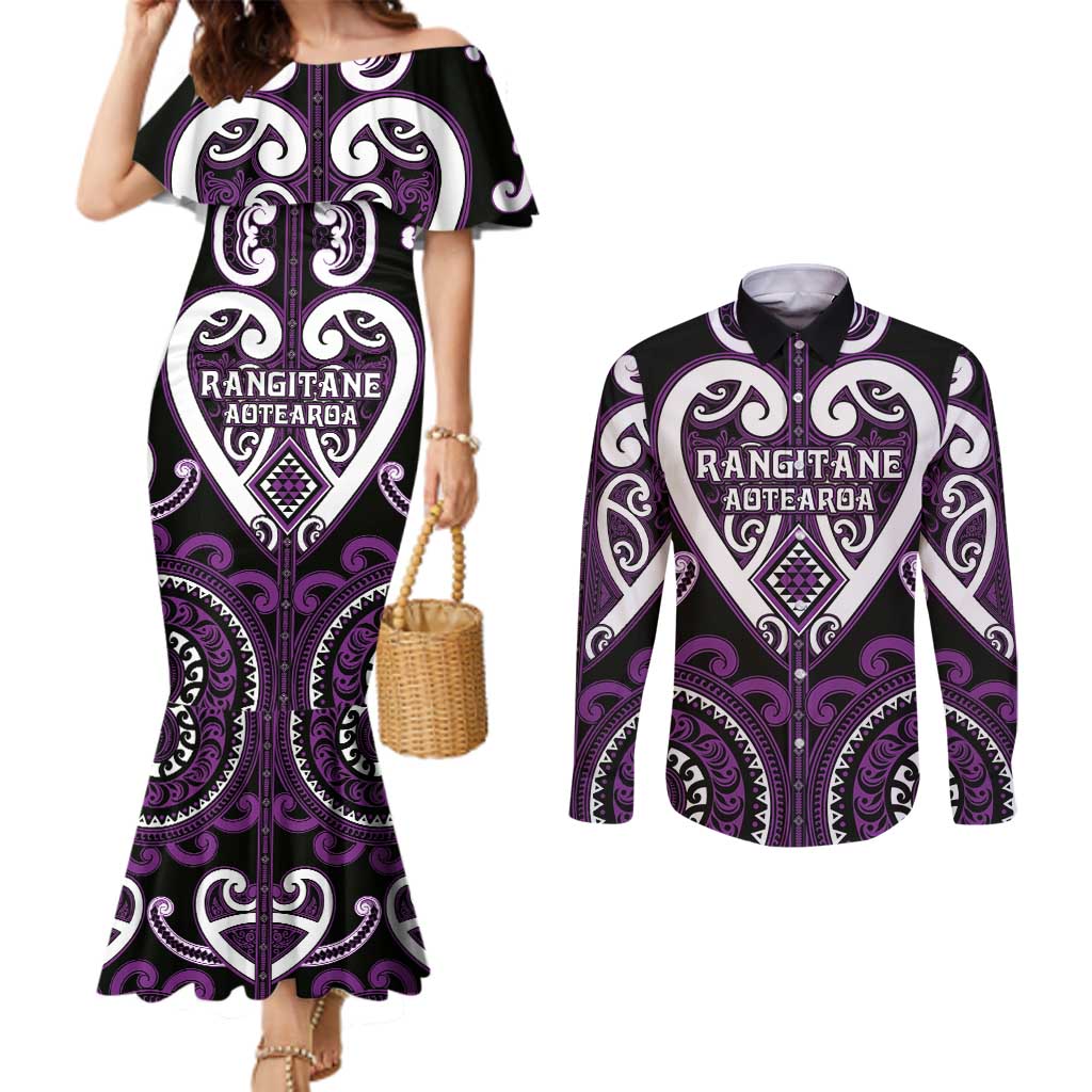 Custom Aotearoa Rangitane Couples Matching Mermaid Dress and Long Sleeve Button Shirt Maori Tribal Pattern