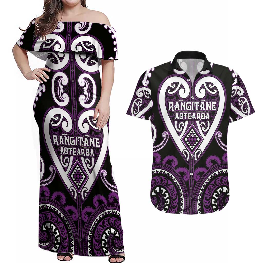 Custom Aotearoa Rangitane Couples Matching Off Shoulder Maxi Dress and Hawaiian Shirt Maori Tribal Pattern
