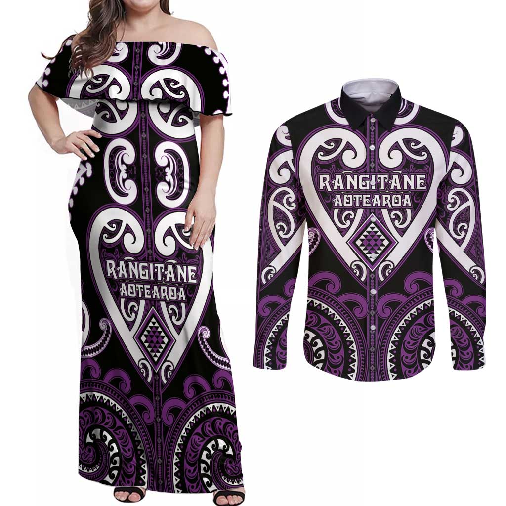 Custom Aotearoa Rangitane Couples Matching Off Shoulder Maxi Dress and Long Sleeve Button Shirt Maori Tribal Pattern