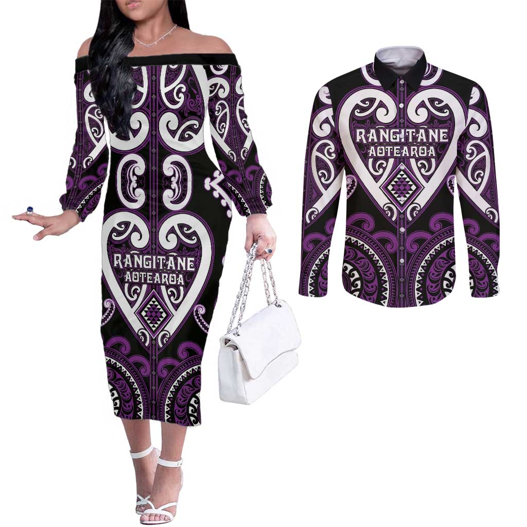 Custom Aotearoa Rangitane Couples Matching Off The Shoulder Long Sleeve Dress and Long Sleeve Button Shirt Maori Tribal Pattern