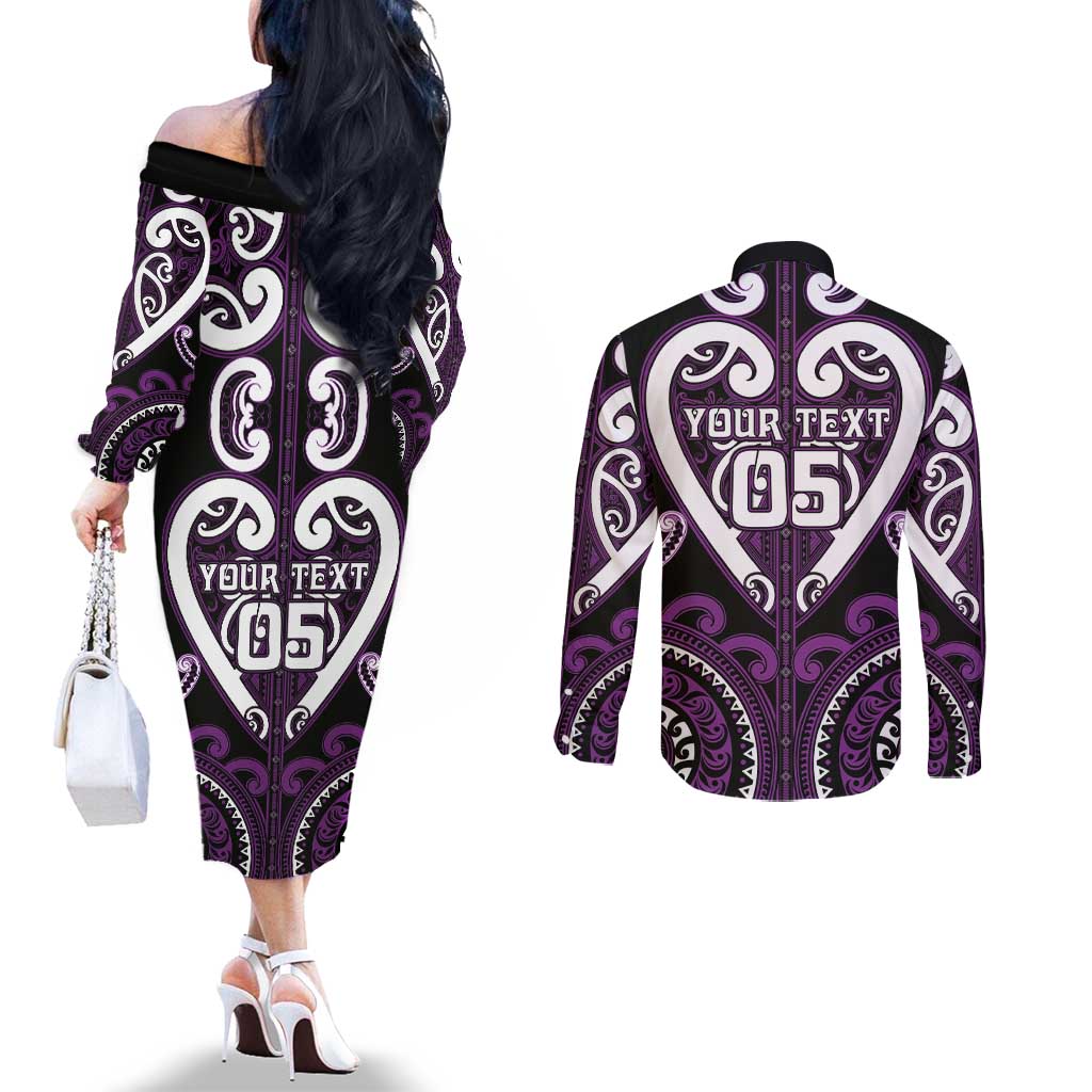 Custom Aotearoa Rangitane Couples Matching Off The Shoulder Long Sleeve Dress and Long Sleeve Button Shirt Maori Tribal Pattern