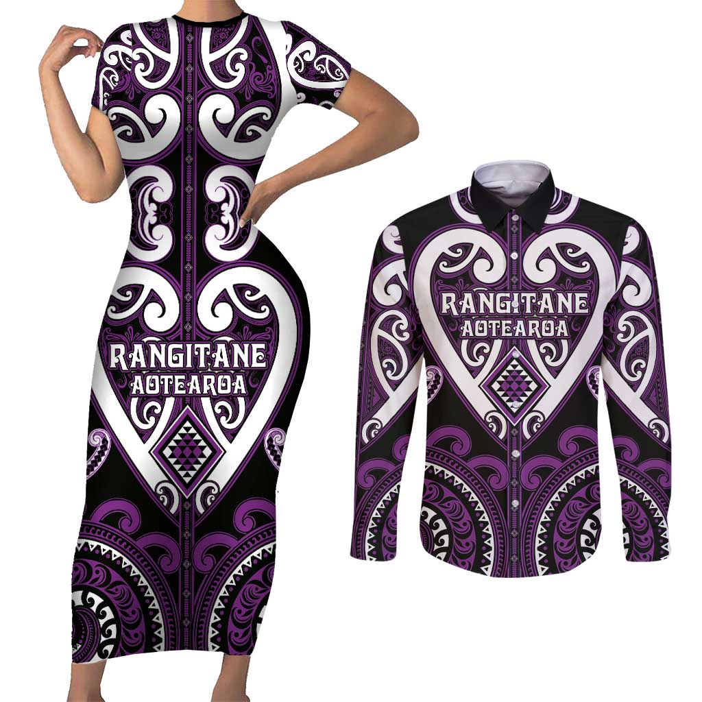Custom Aotearoa Rangitane Couples Matching Short Sleeve Bodycon Dress and Long Sleeve Button Shirt Maori Tribal Pattern
