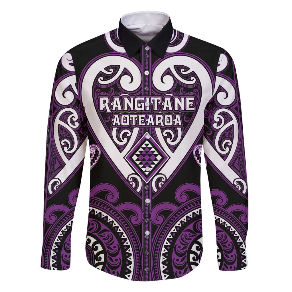 Custom Aotearoa Rangitane Family Matching Off Shoulder Maxi Dress and Hawaiian Shirt Maori Tribal Pattern LT05 Dad's Shirt - Long Sleeve Purple - Polynesian Pride