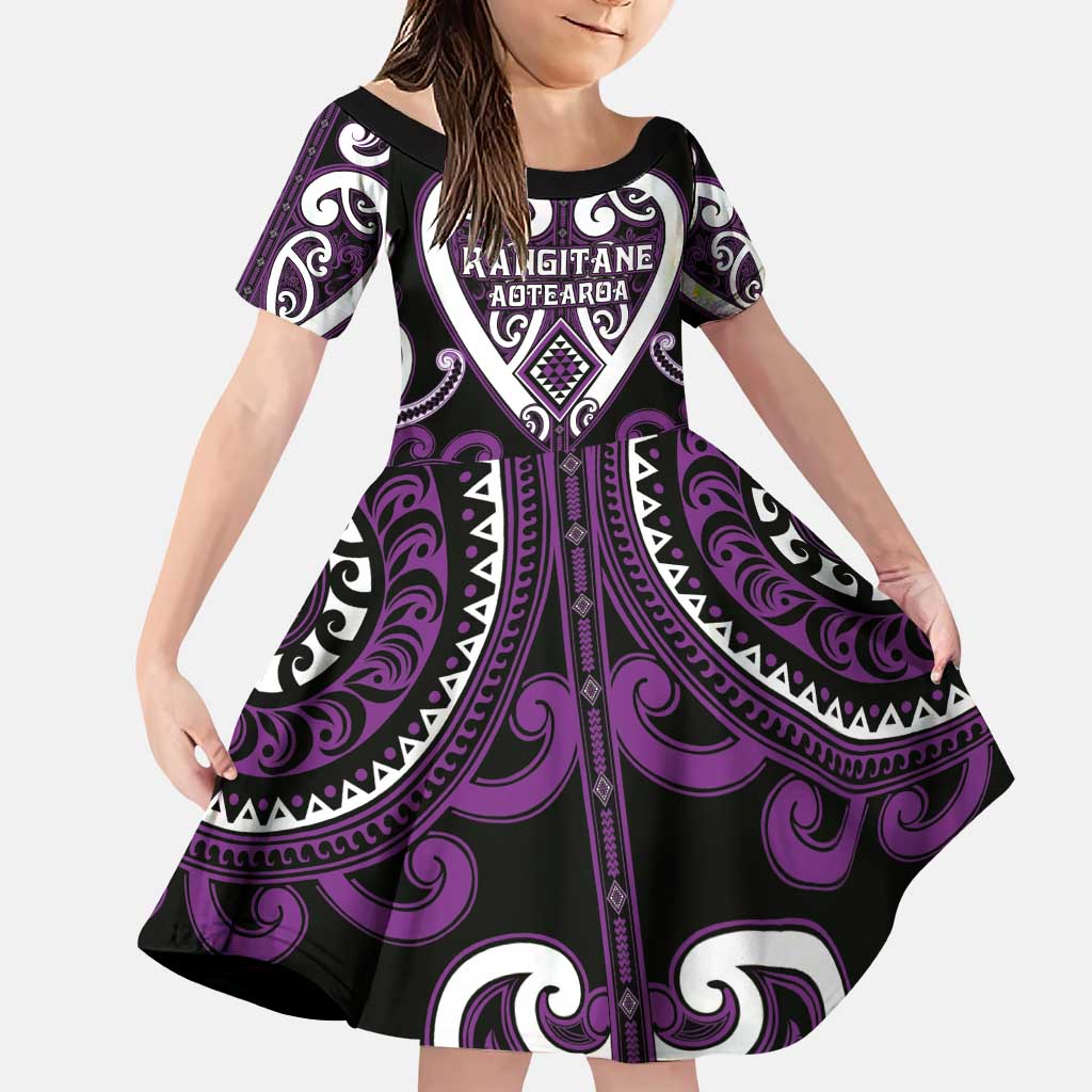 Custom Aotearoa Rangitane Family Matching Puletasi and Hawaiian Shirt Maori Tribal Pattern LT05 Daughter's Dress Purple - Polynesian Pride