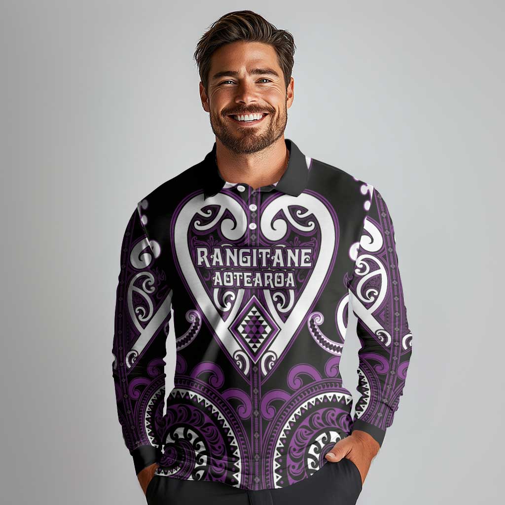 Custom Aotearoa Rangitane Long Sleeve Polo Shirt Maori Tribal Pattern