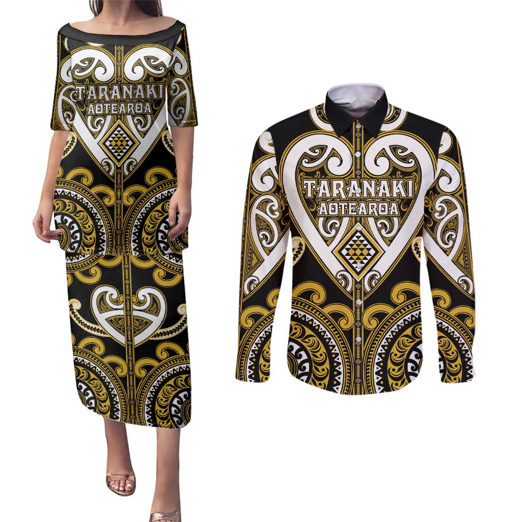 Custom Aotearoa Taranaki Couples Matching Puletasi and Long Sleeve Button Shirt Maori Tribal Pattern