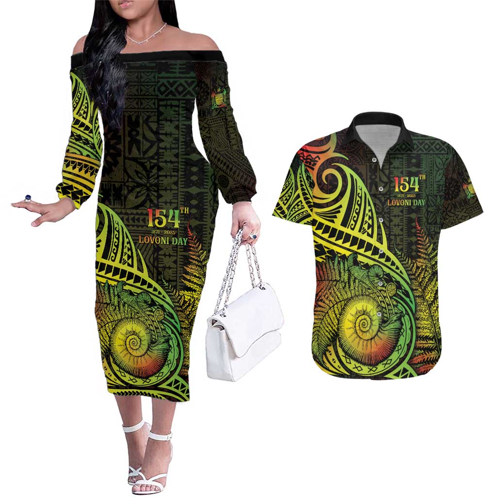 Personalised Fiji Lovoni Day Couples Matching Off The Shoulder Long Sleeve Dress and Hawaiian Shirt 154th Years