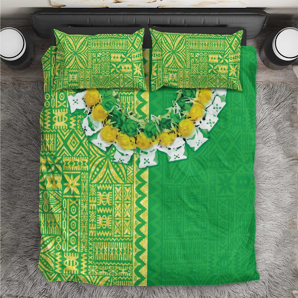 Fiji Lovoni Bedding Set Fijian Tapa Salusalu Green Glitter