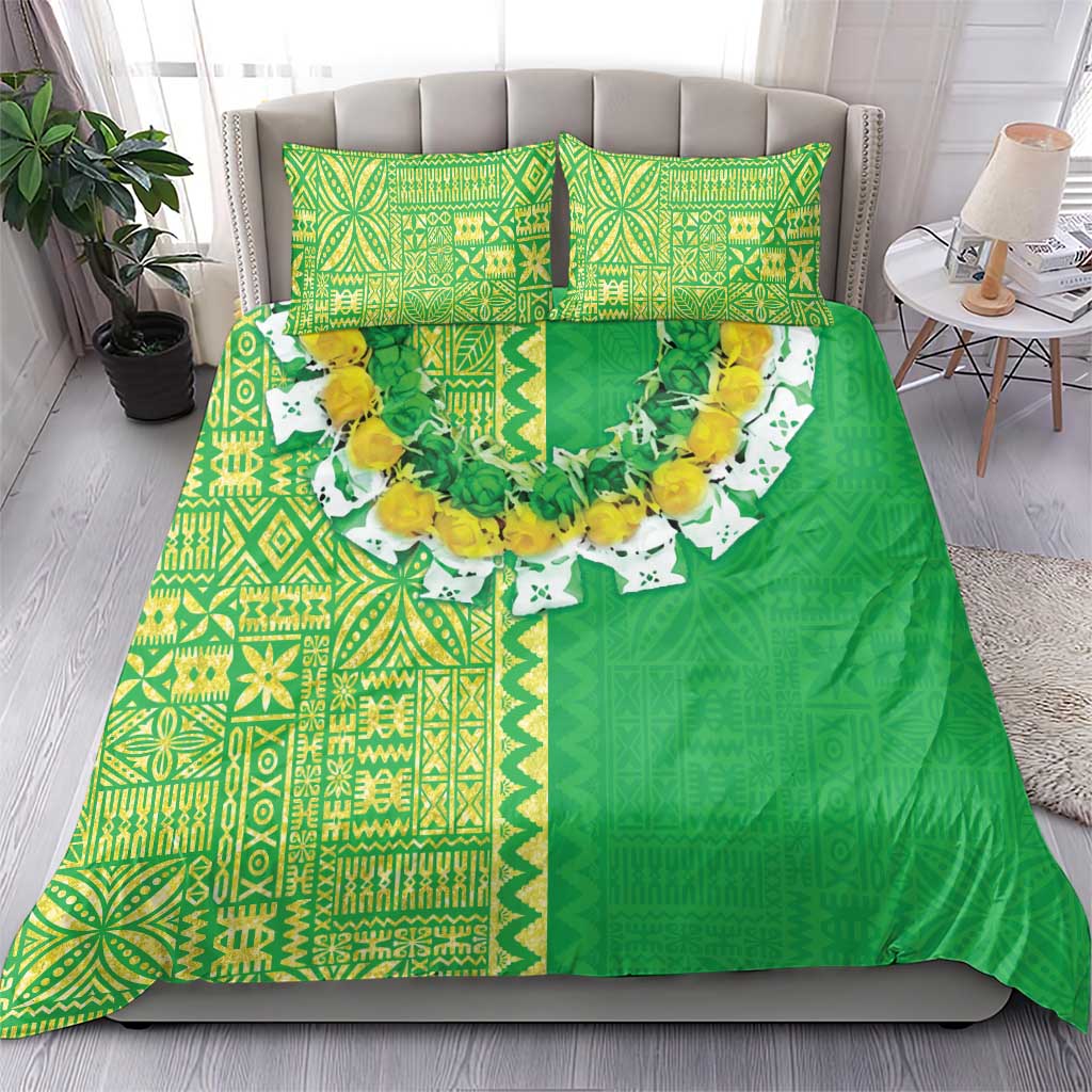 Fiji Lovoni Bedding Set Fijian Tapa Salusalu Green Glitter
