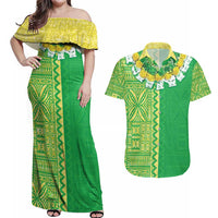 Fiji Lovoni Couples Matching Off Shoulder Maxi Dress and Hawaiian Shirt Fijian Tapa Salusalu Green Glitter