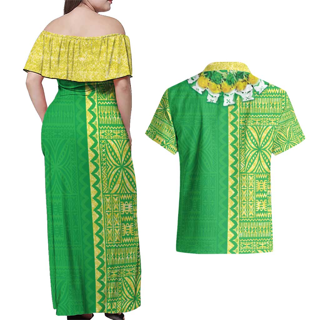 Fiji Lovoni Couples Matching Off Shoulder Maxi Dress and Hawaiian Shirt Fijian Tapa Salusalu Green Glitter