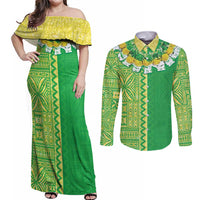 Fiji Lovoni Couples Matching Off Shoulder Maxi Dress and Long Sleeve Button Shirt Fijian Tapa Salusalu Green Glitter