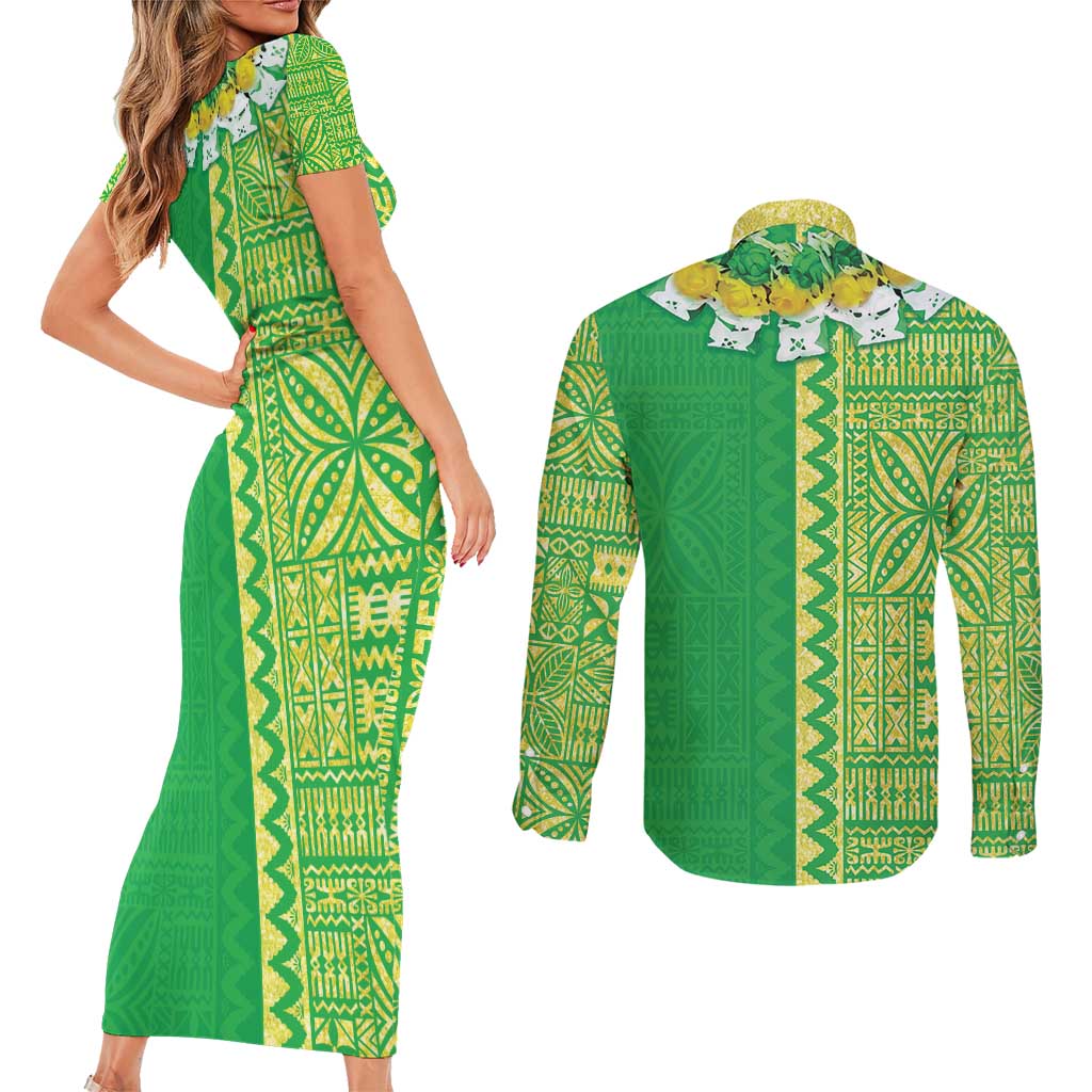 Fiji Lovoni Couples Matching Short Sleeve Bodycon Dress and Long Sleeve Button Shirt Fijian Tapa Salusalu Green Glitter