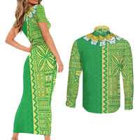 Fiji Lovoni Couples Matching Short Sleeve Bodycon Dress and Long Sleeve Button Shirt Fijian Tapa Salusalu Green Glitter