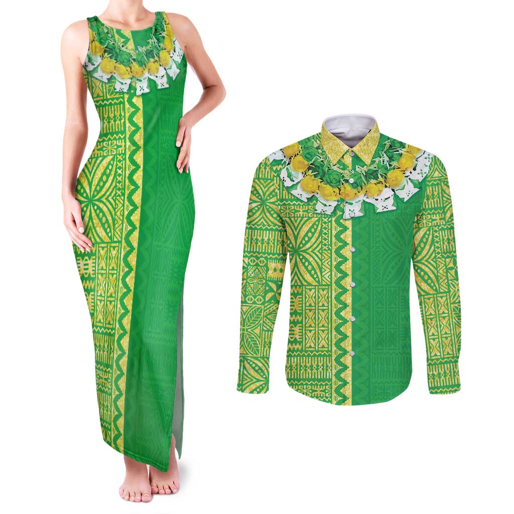 Fiji Lovoni Couples Matching Tank Maxi Dress and Long Sleeve Button Shirt Fijian Tapa Salusalu Green Glitter