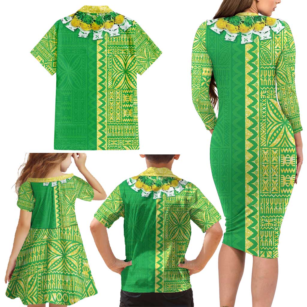 Fiji Lovoni Family Matching Long Sleeve Bodycon Dress and Hawaiian Shirt Fijian Tapa Salusalu Green Glitter