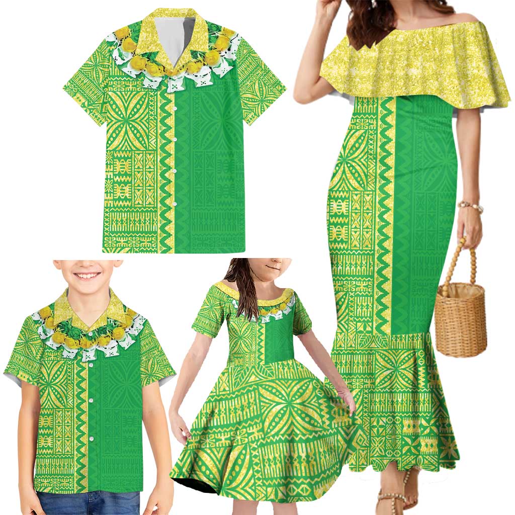 Fiji Lovoni Family Matching Mermaid Dress and Hawaiian Shirt Fijian Tapa Salusalu Green Glitter