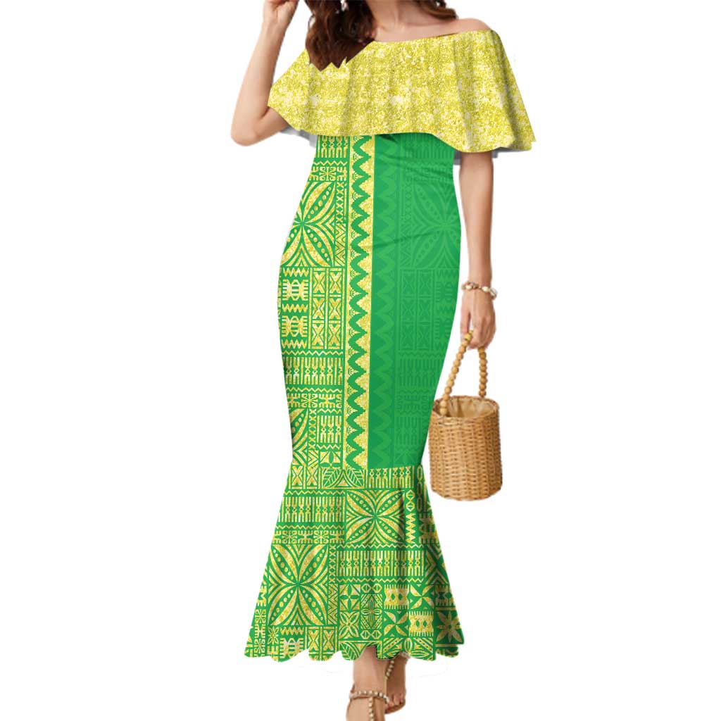 Fiji Lovoni Family Matching Mermaid Dress and Hawaiian Shirt Fijian Tapa Salusalu Green Glitter