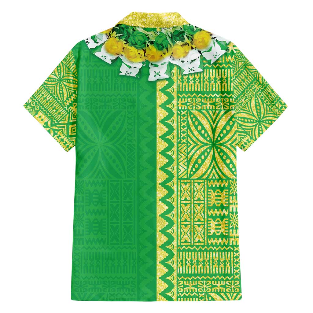 Fiji Lovoni Family Matching Off Shoulder Short Dress and Hawaiian Shirt Fijian Tapa Salusalu Green Glitter