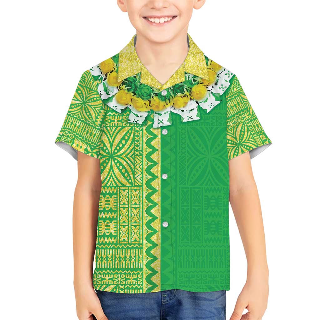 Fiji Lovoni Family Matching Off Shoulder Short Dress and Hawaiian Shirt Fijian Tapa Salusalu Green Glitter