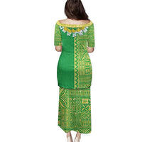 Fiji Lovoni Family Matching Puletasi and Hawaiian Shirt Fijian Tapa Salusalu Green Glitter