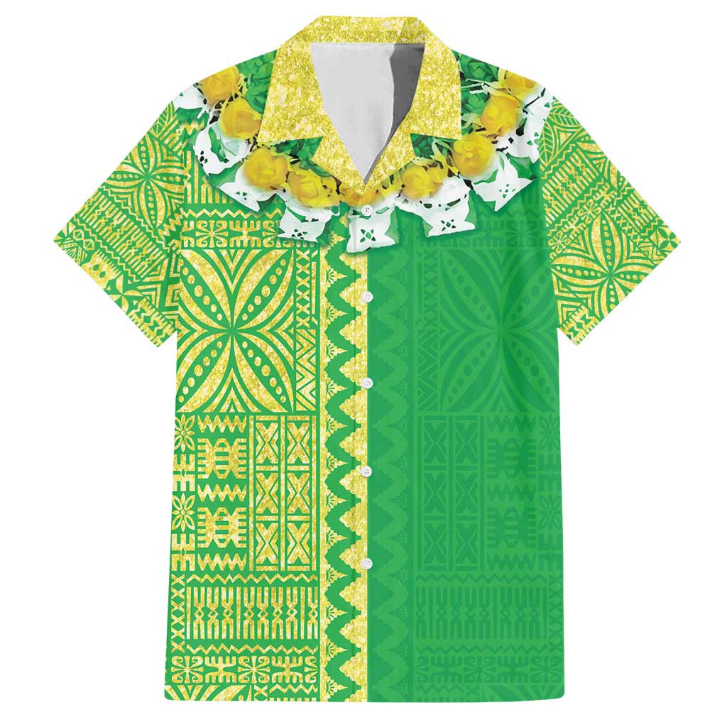 Fiji Lovoni Family Matching Summer Maxi Dress and Hawaiian Shirt Fijian Tapa Salusalu Green Glitter