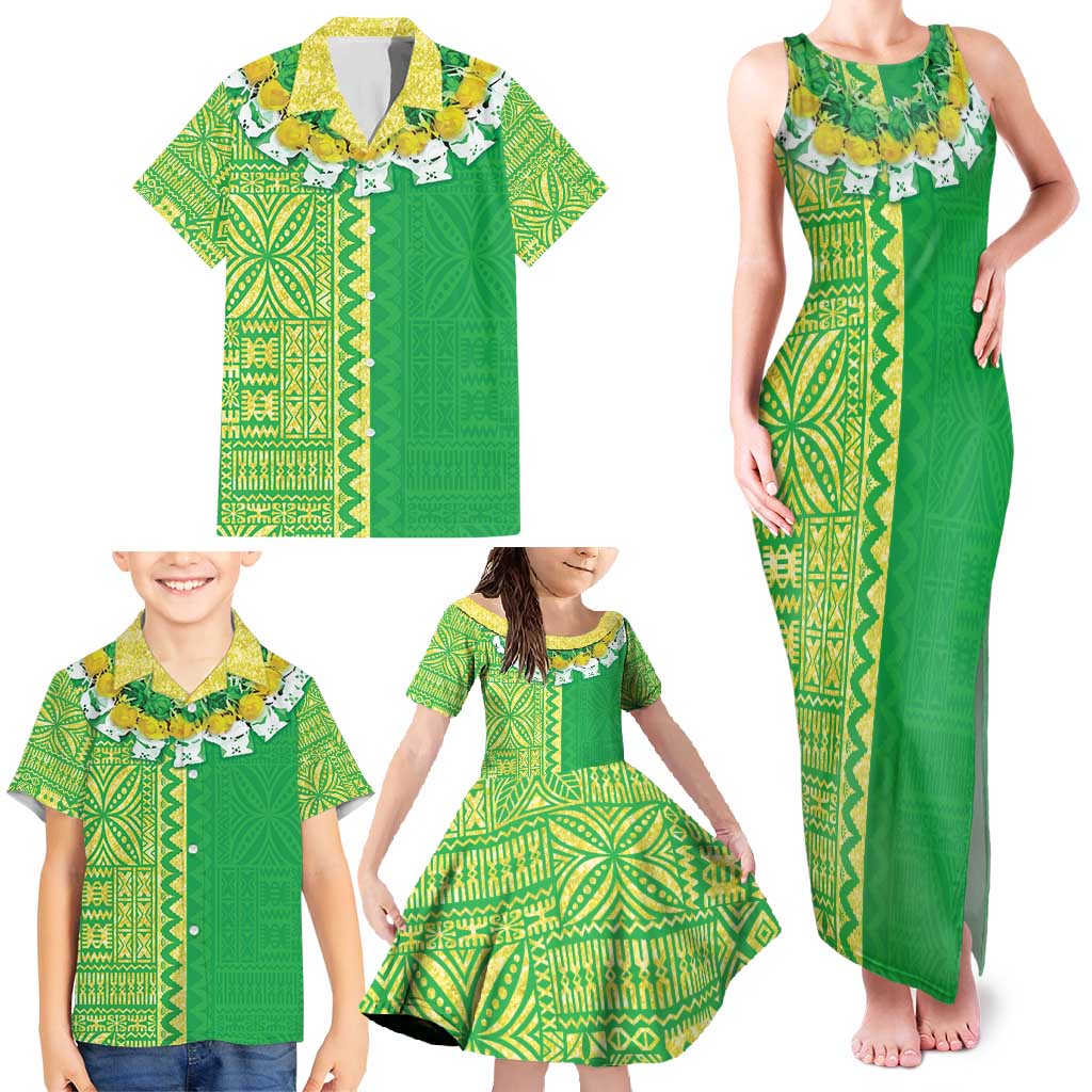 Fiji Lovoni Family Matching Tank Maxi Dress and Hawaiian Shirt Fijian Tapa Salusalu Green Glitter