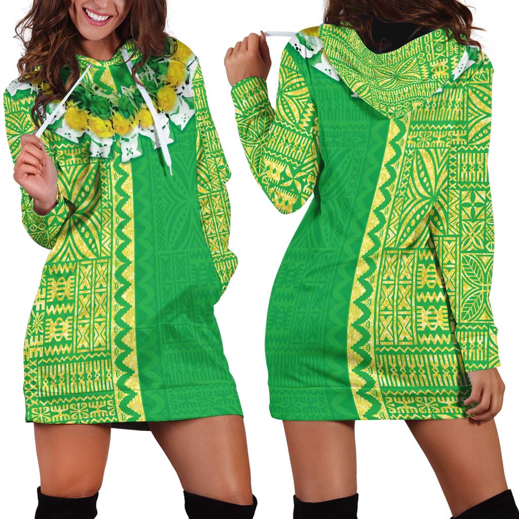 Fiji Lovoni Hoodie Dress Fijian Tapa Salusalu Green Glitter