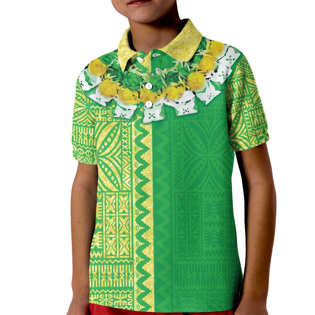 Fiji Lovoni Kid Polo Shirt Fijian Tapa Salusalu Green Glitter