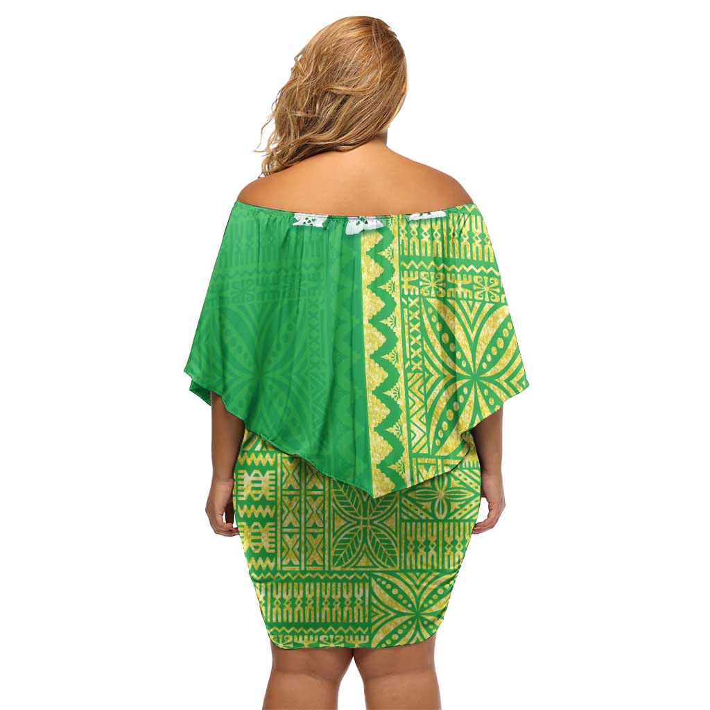 Fiji Lovoni Off Shoulder Short Dress Fijian Tapa Salusalu Green Glitter