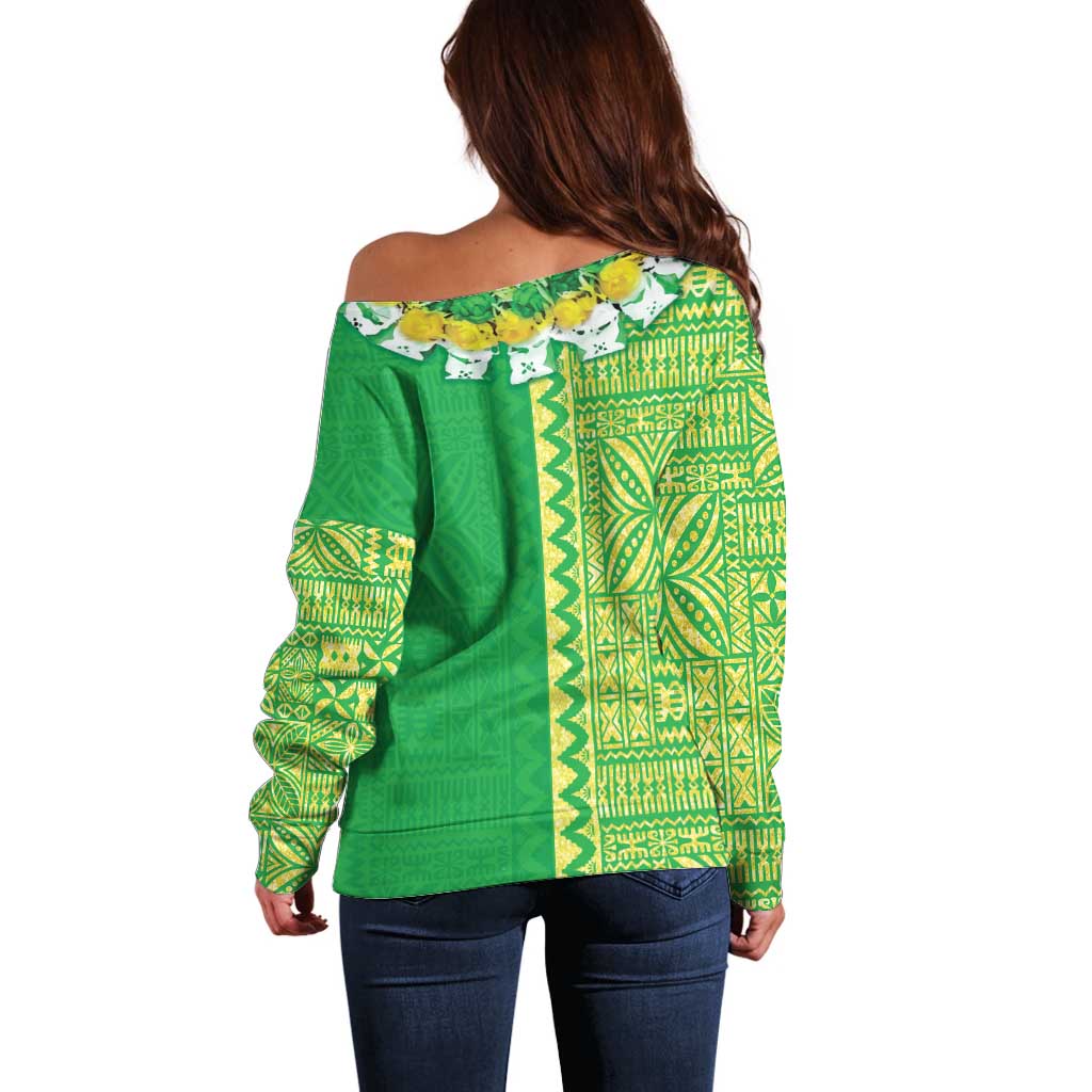 Fiji Lovoni Off Shoulder Sweater Fijian Tapa Salusalu Green Glitter