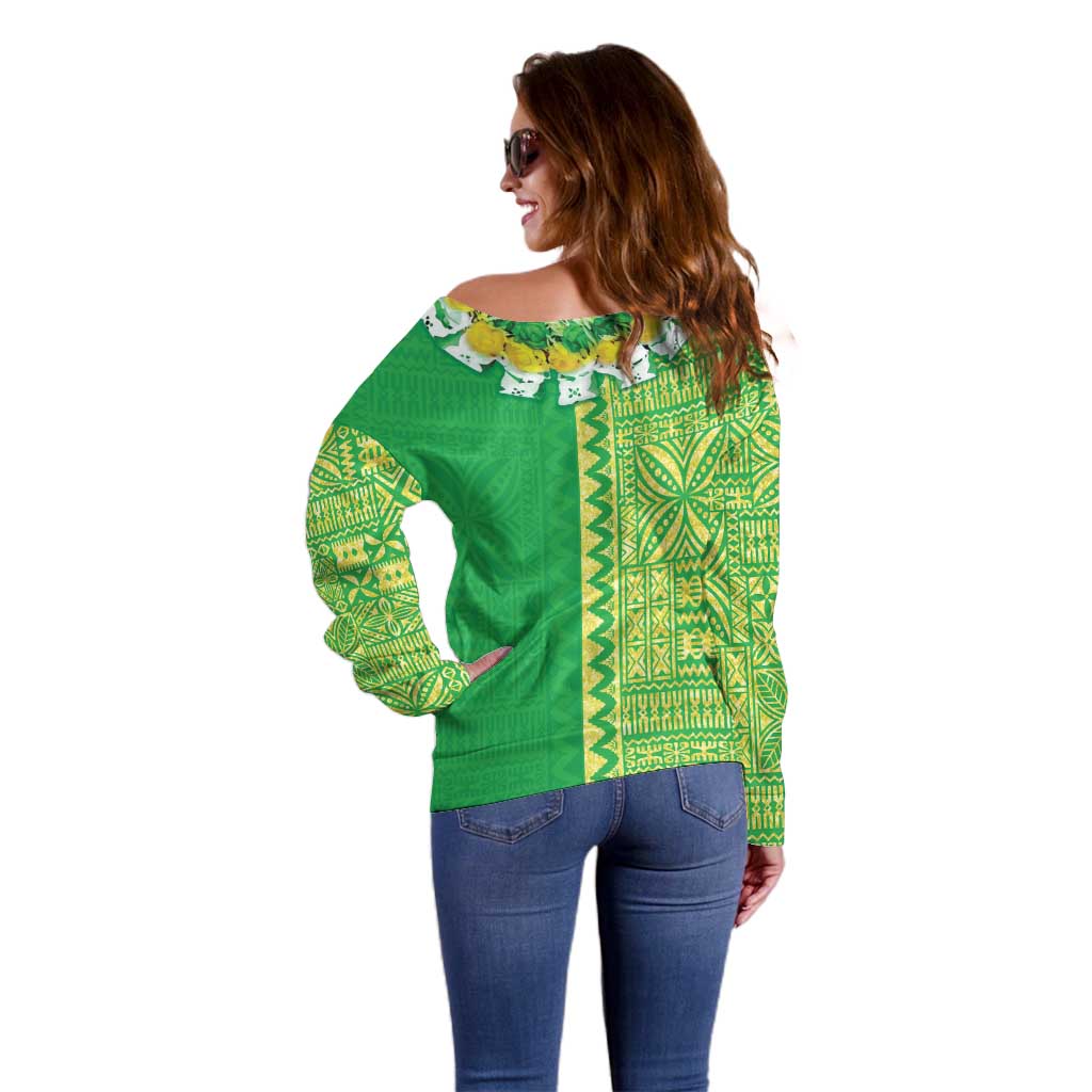 Fiji Lovoni Off Shoulder Sweater Fijian Tapa Salusalu Green Glitter