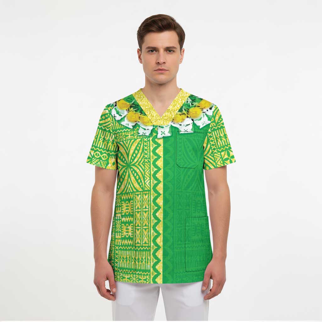 Fiji Lovoni Scrub Top Fijian Tapa Salusalu Green Glitter - Polynesian Pride