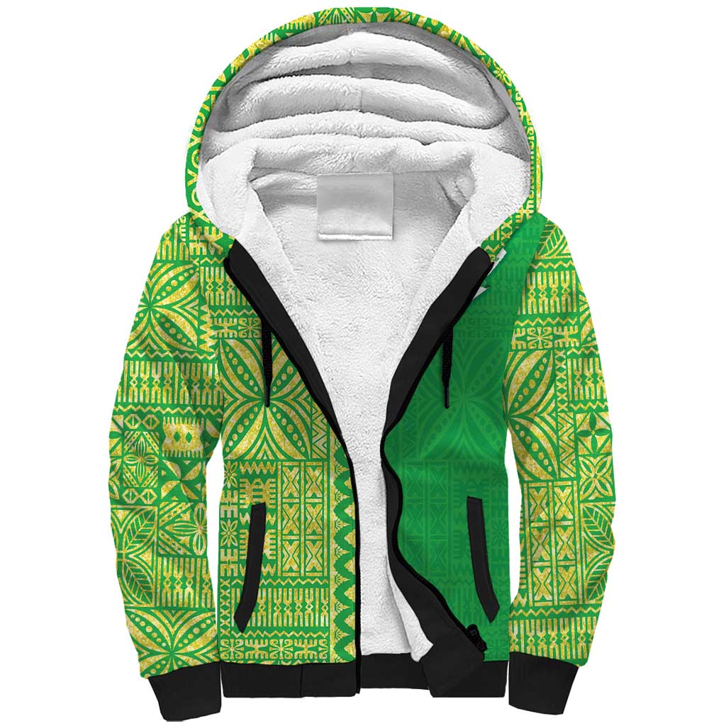 Fiji Lovoni Sherpa Hoodie Fijian Tapa Salusalu Green Glitter