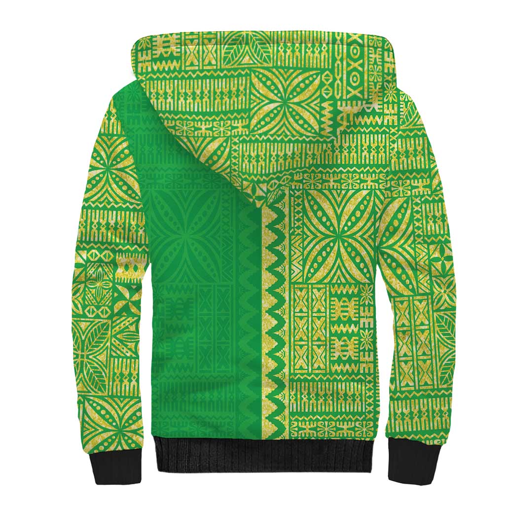 Fiji Lovoni Sherpa Hoodie Fijian Tapa Salusalu Green Glitter