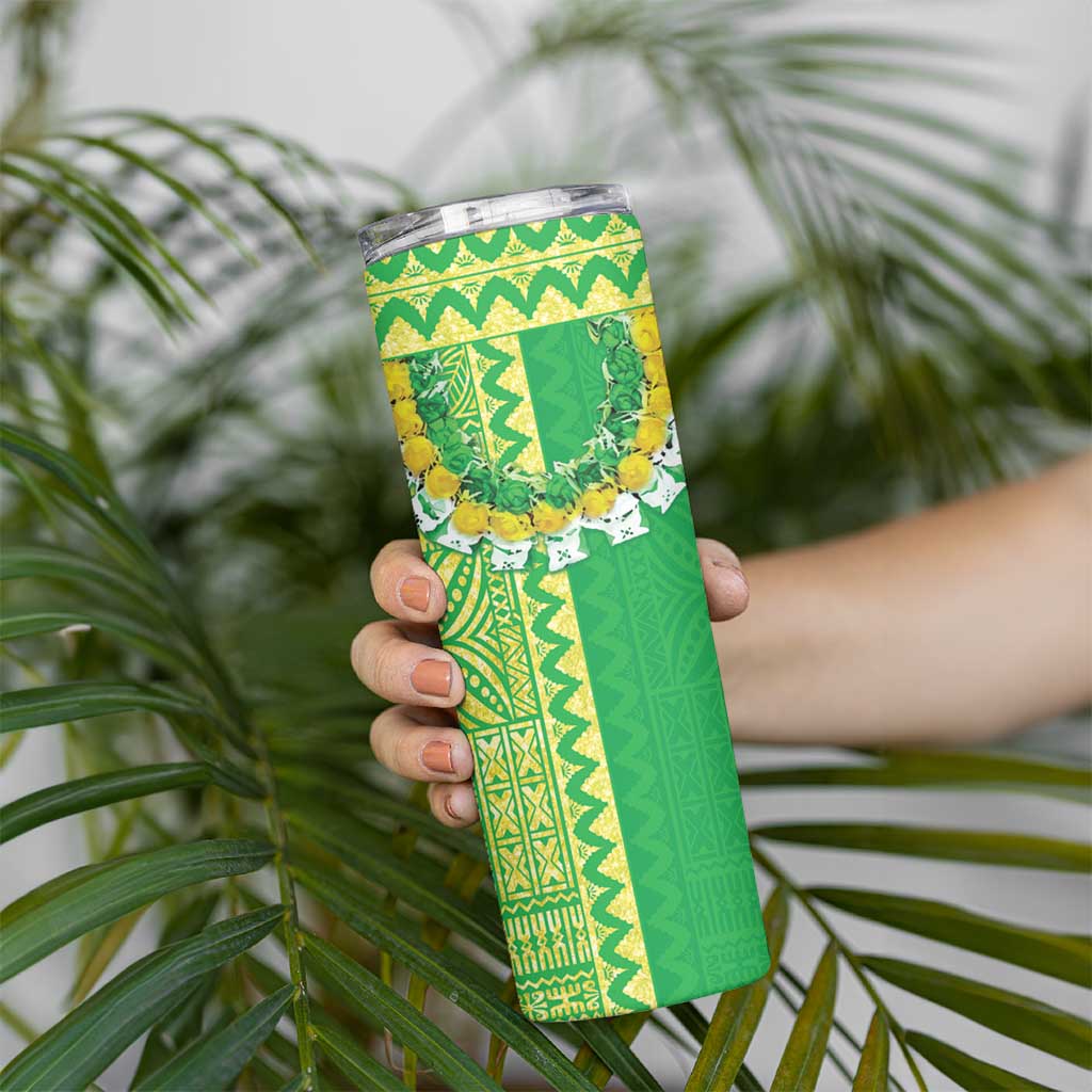 Fiji Lovoni Skinny Tumbler Fijian Tapa Salusalu Green Glitter