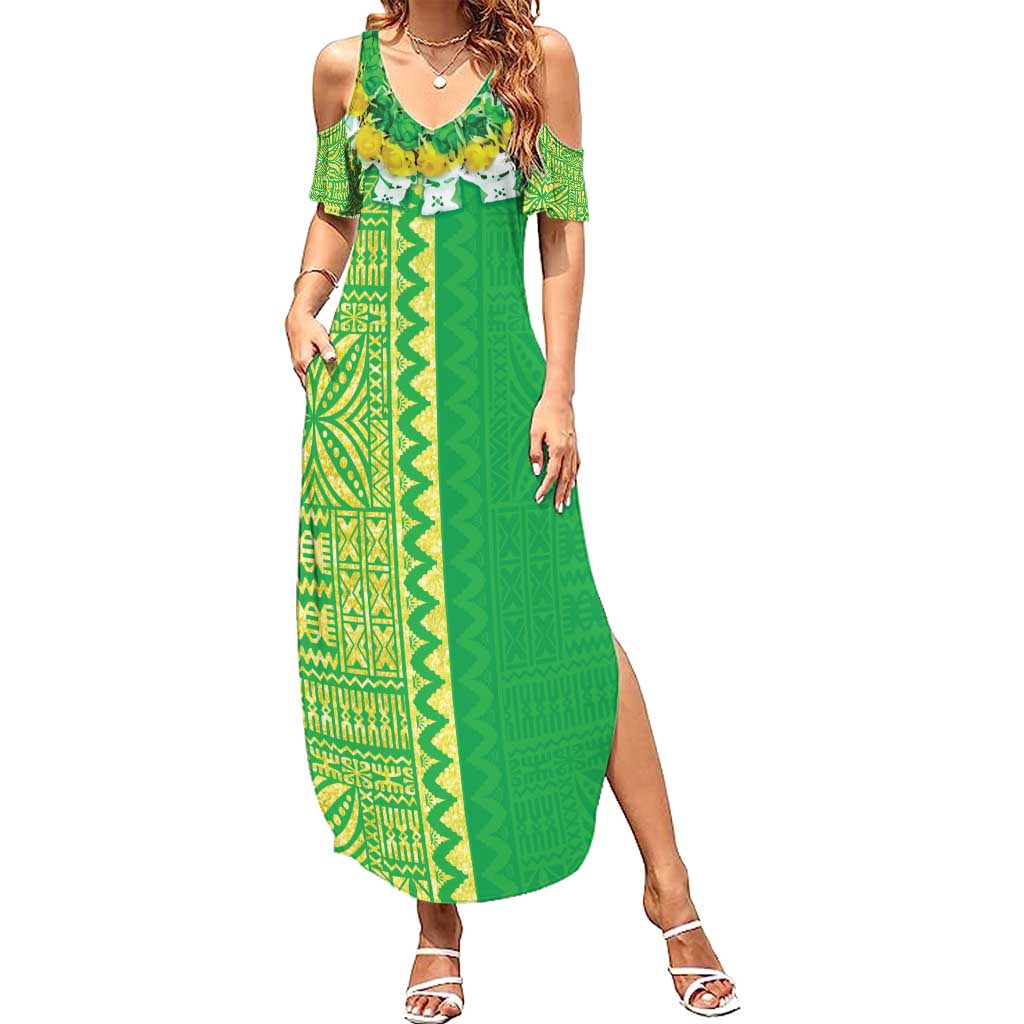 Fiji Lovoni Summer Maxi Dress Fijian Tapa Salusalu Green Glitter